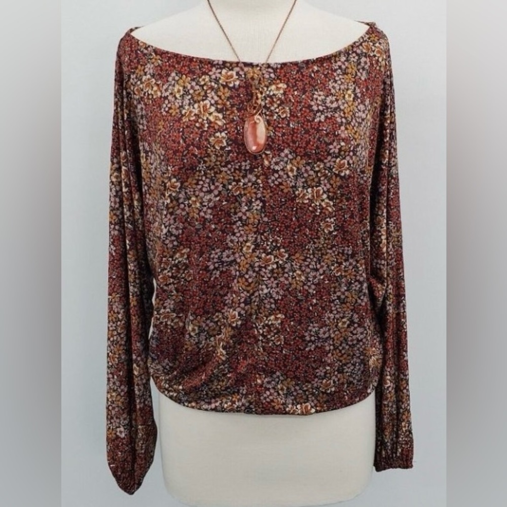 🌻Daytrip Womens Floral Dolman Long Sleeve Blouse, Elastic Waist,  Wide Neck. M